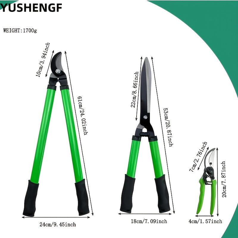 Pruning Shear: 3 Pcs Green Garden Tools Set - Lopper, Shear, Scissors