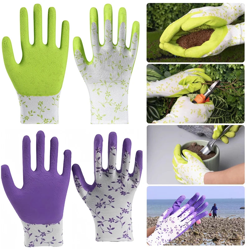 Garden Gloves Green Purple Foam Latex for DIY & Landscaping
