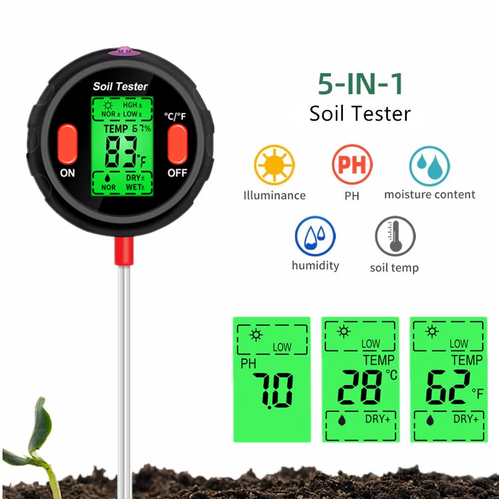 Soil PH Tester Meter 4/5 in 1: Sunlight, Moisture, Temp Tester