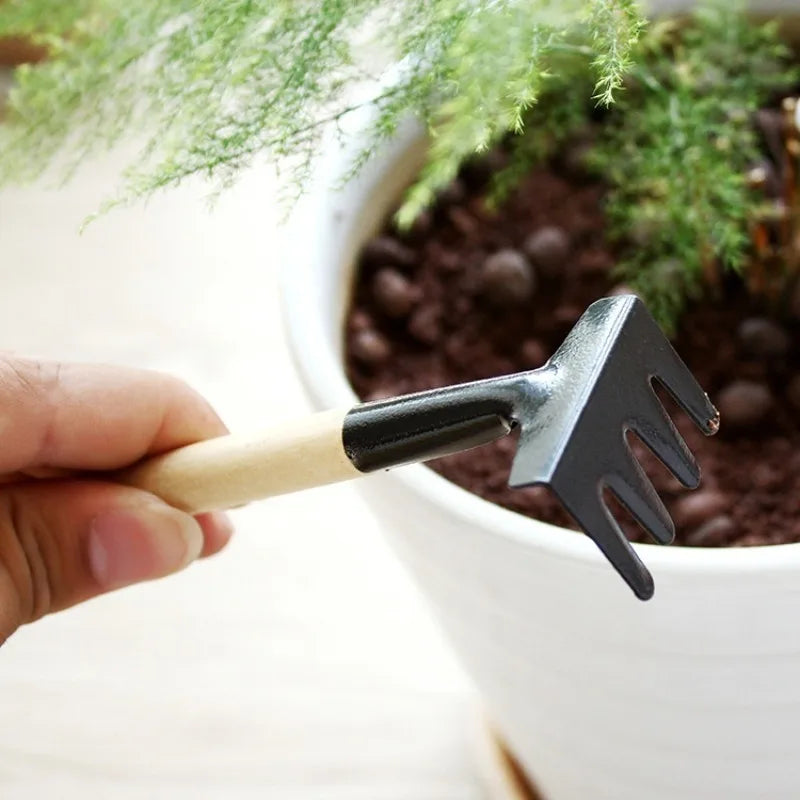 3pcs Mini Portable Gardening Tool Metal Head Shovel Rake Spade Garden Plant Wooden Handle Tool Set