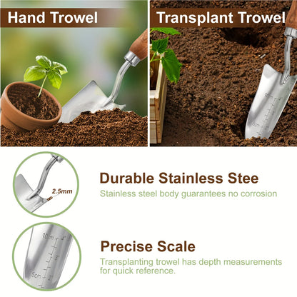 4pcs/set Heavy-duty Garden Tool,Durable Stainless Steel And A Sturdy Wooden Handle. Includes Hand Shovel, Trowel, Garden Rake