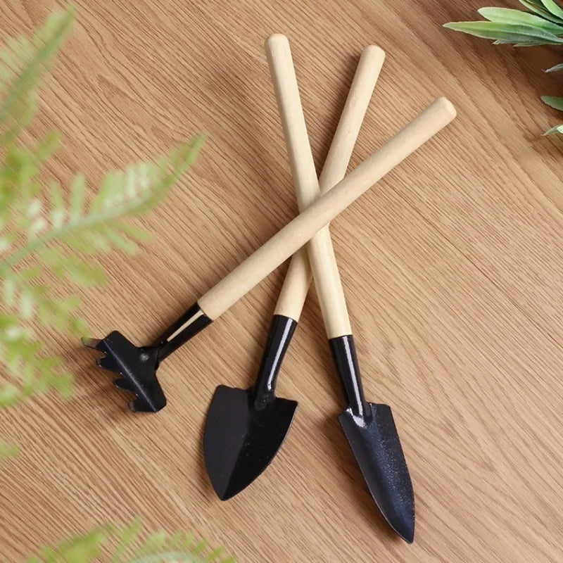 3pcs Mini Portable Gardening Tool Metal Head Shovel Rake Spade Garden Plant Wooden Handle Tool Set
