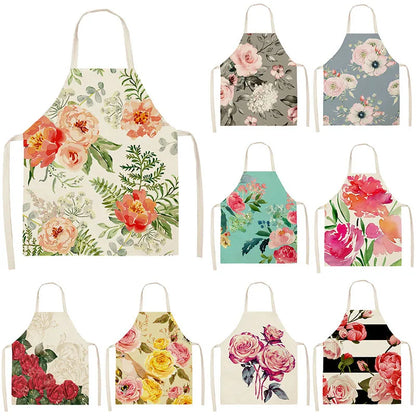  Apron: Flower Pattern Cotton Linen Kitchen Apron for Adults